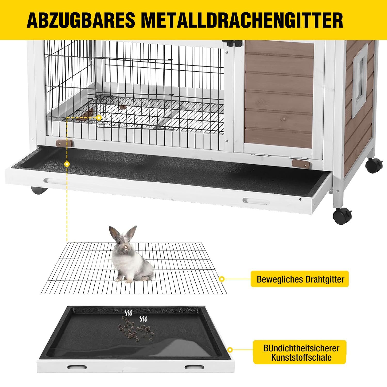 Aivituvin Hasenstall, Kaninchenstall für drinnen und draußen, Innen-Kaninchenkäfig Außen-Kaninchenhaus mit Drahtboden und undichtungsfreiem Kunststofftablett (Braun, L)