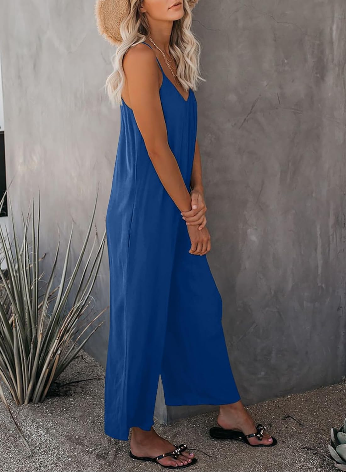 Happy Sailed Womens Casual Jumpsuits Loose Overalls Summer Sleeveless Stretchy Wide Leg Long Pants Romper with Pockets - Image 4