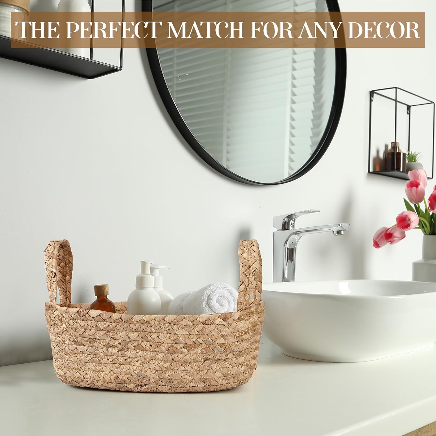 5 Pcs Natural Water Hyacinth Woven Storage Baskets Set with Handles Wicker Storage Basket for Organizing Hand for Shelves Bathroom Towels Toys Bedroom Decor Baskets for Gifts Empty
