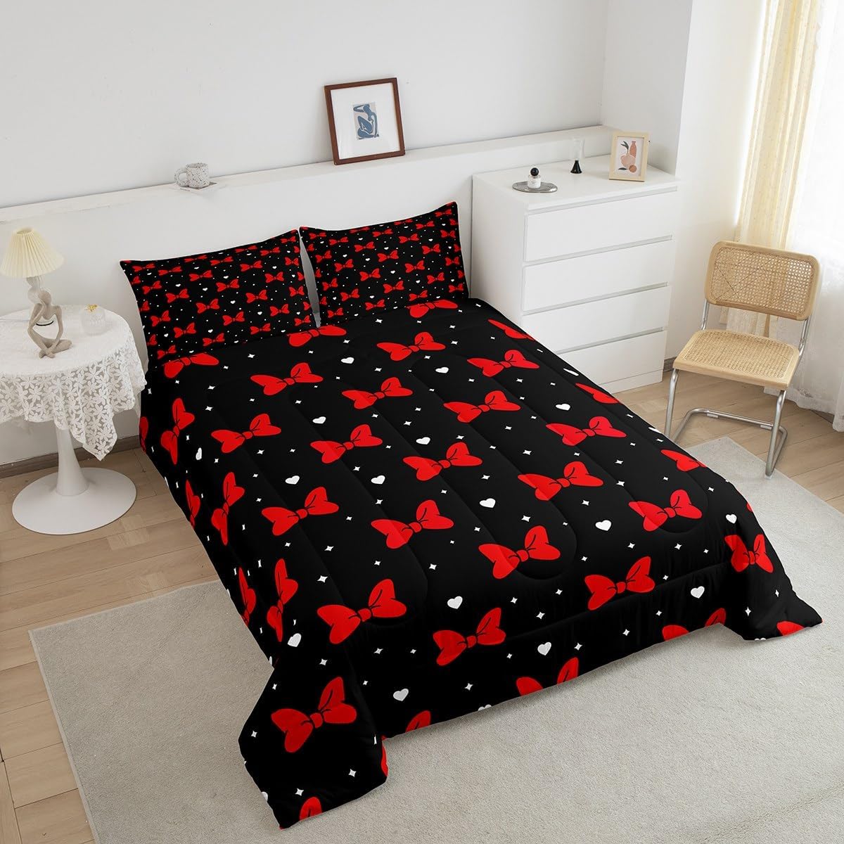 Bowknot Comforter Set Queen Size,Starry Sky Love Heart Romantic Bow Bedding Set,Children Girls Women Room Decor,Cartoon Castle Princess Down Comforter,Red Black Dreamy Duvet Insert,2 Pillowcases