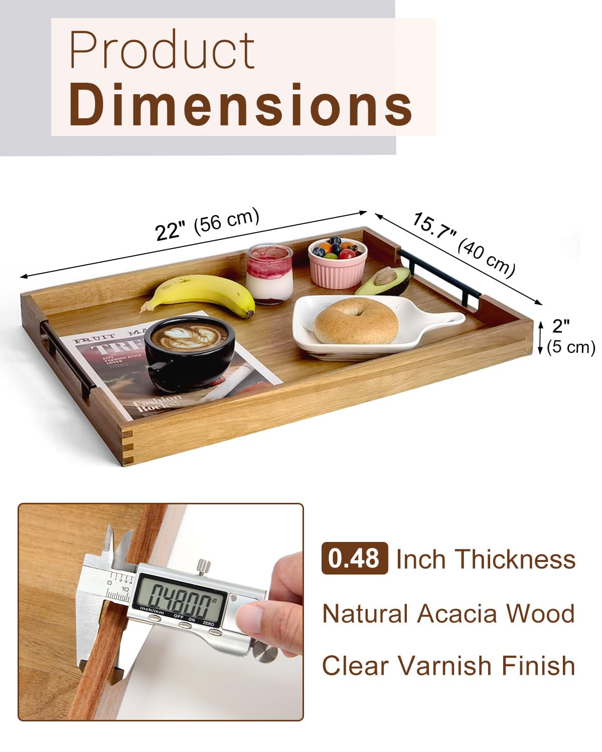 Plateau de service ottoman rectangulaire en bois d'acacia de 55,9 cm avec poignées en métal, grand plateau en bois rectangulaire, design décoratif et durable pour salon, table basse, canapé