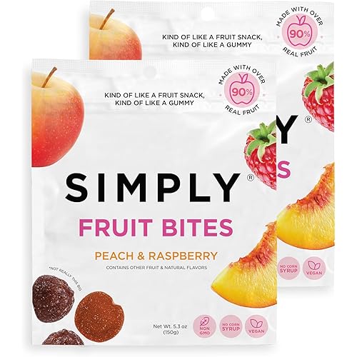 SIMPLY Fruit Bites (Really Real Gummies) | Made with Real Fruit | Peach and Raspberry | 5.3 oz (Pack of 2) | No Cane Sugar + Gluten Free + Kosher