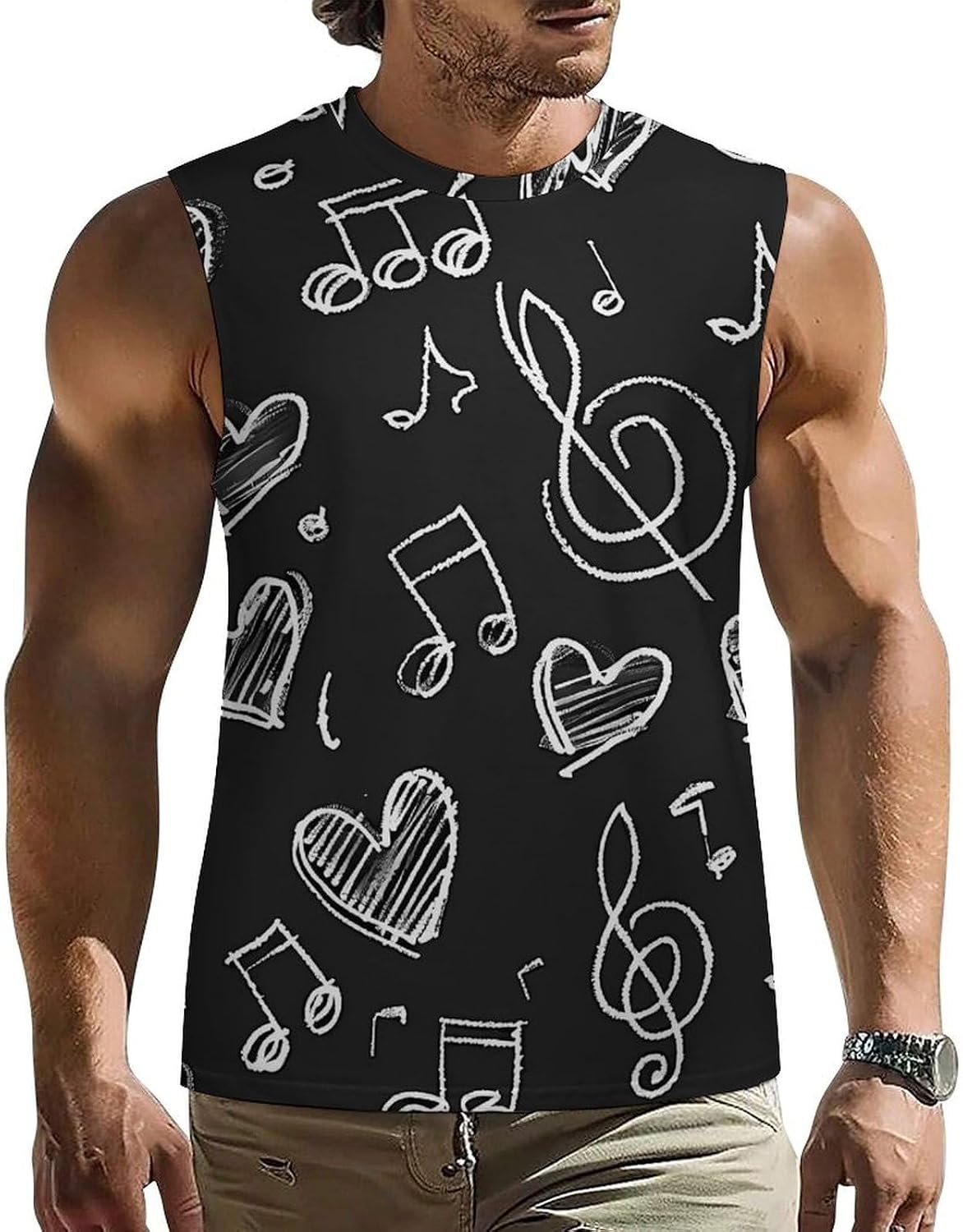 Chalkboard Music Notes Hearts Men Summer Sleeveless Crew Neck Top 5XL