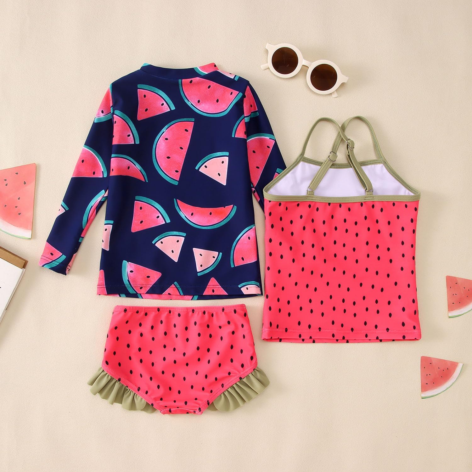 Ritatte Toddler Baby Girl 3-Piece Swimsuits Set Long Sleeve Rash Guard Bathing Suit Bikini Set Watermelon Flower Swimwear