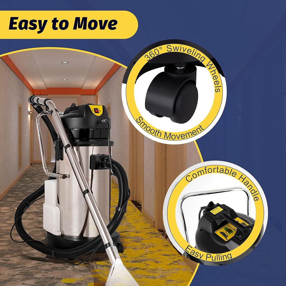Máquina de limpieza de alfombras comercial, 40 L, aspiradora 3 en 1 en seco para alfombras y suelos, succión de 1049 W, champú de acero inoxidable con cable de 23 pies y ruedas