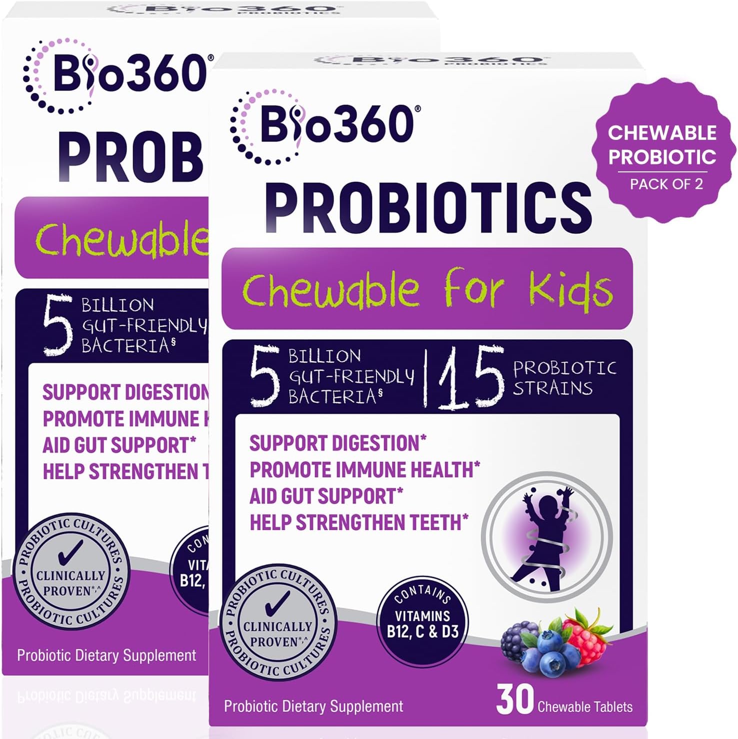 Bio360 Probiotics for Kids - 15 Strains & 5 Billion CFU Supports Brain, Immune & Digestive Health - Kids Probiotic Chewable with Organic Prebiotics for Gut & Constipation, Mixed Berry Flavor, 60 Count