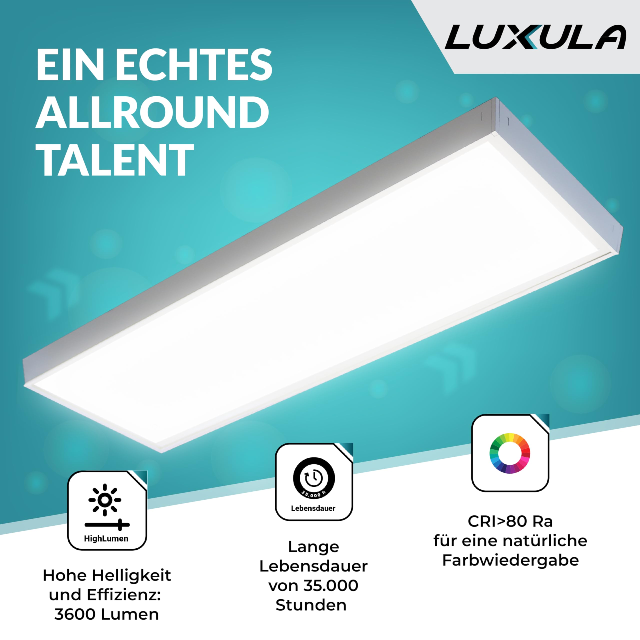 LUXULA LED Deckenleuchte lang 120cm - 36W, 4000K Neutralweiß, 3600lm – LED Panel 120x30cm inkl. 230V Netzteil – Flache LED Deckenlampe für Wohnzimmer, Schlafzimmer, Küche, Büro - 120x30x6,4cm