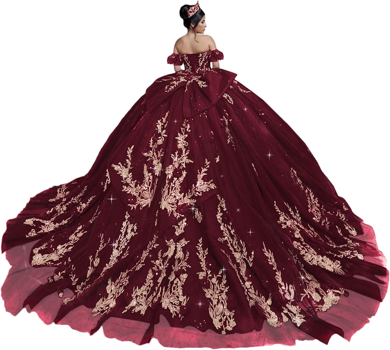 Gorgeous Gold Applique Quinceanera Dresses with Sleeves Strapless Quince Dress with Bow 3D Flower Tulle Sweet 16 Dress