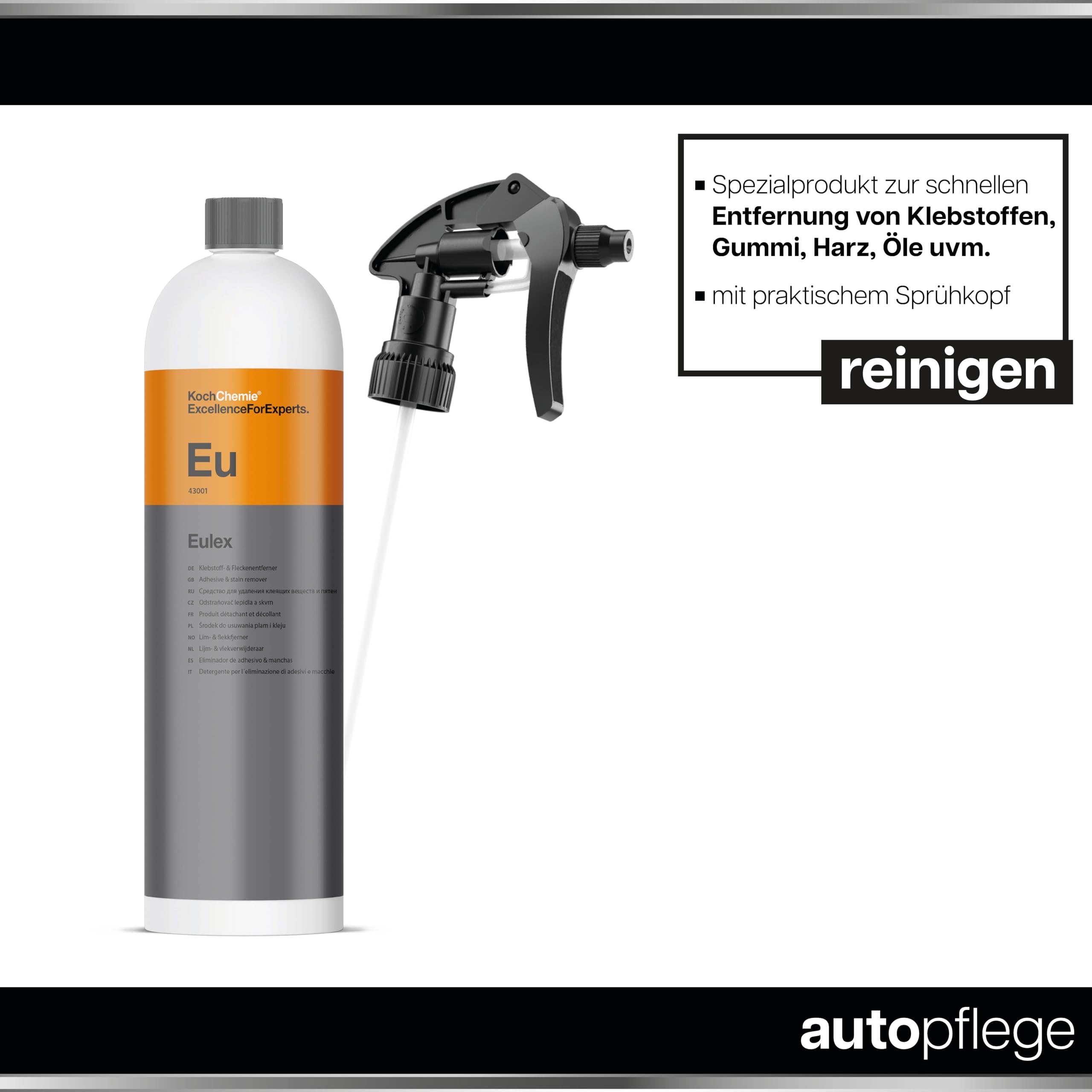 Koch Chemie Eulex Kit de détachant de colle 1 l + tête de pulvérisation + chiffon microfibre + grattoir en plastique Nuke Guys avec 10 lames interchangeables - Élimination efficace des résidus de