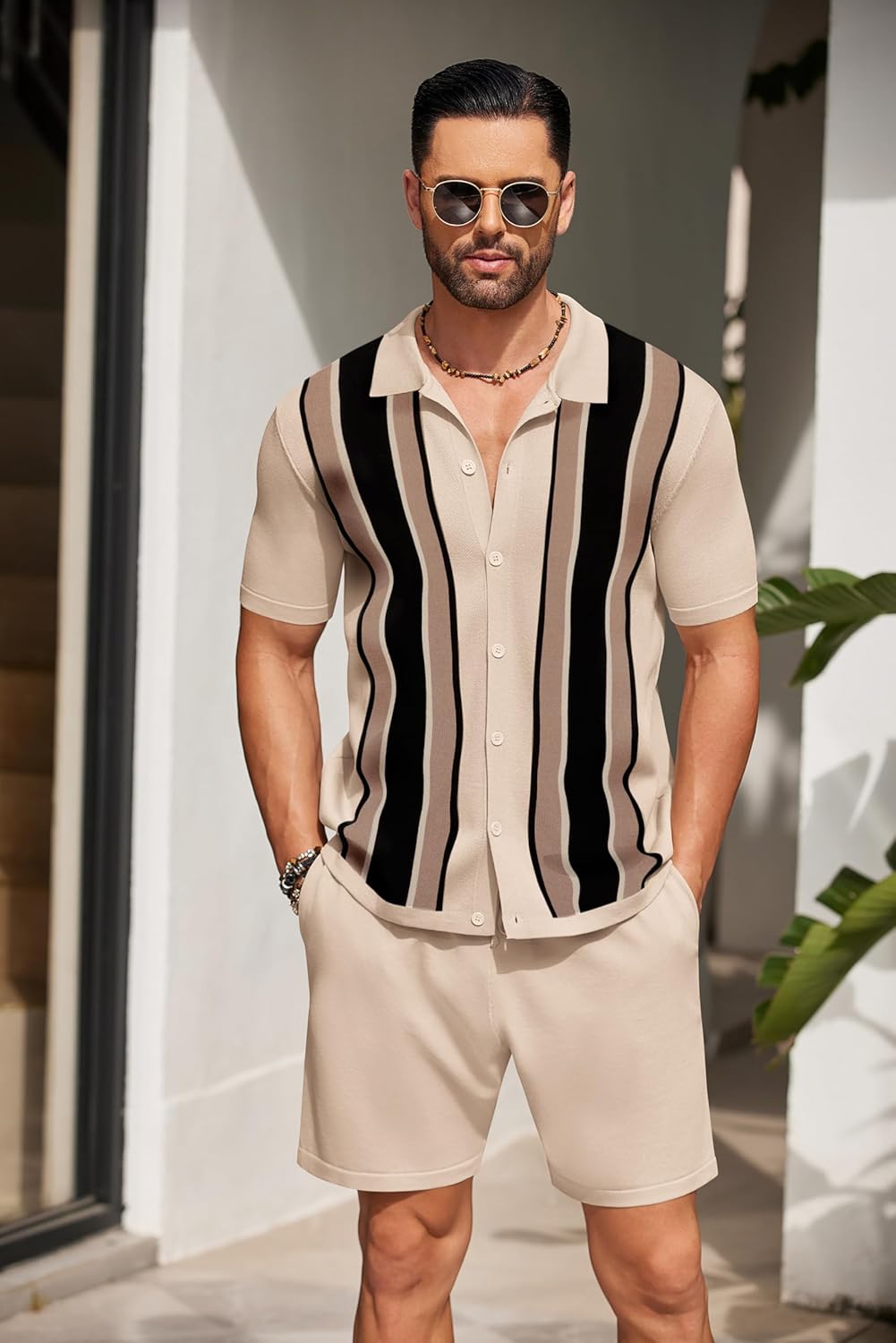 COOFANDY Men's 2 Piece Outfit Vintage Short Sleeve Button Down Knit Polo Shirts Casual Beach Shorts Sets - Image 4