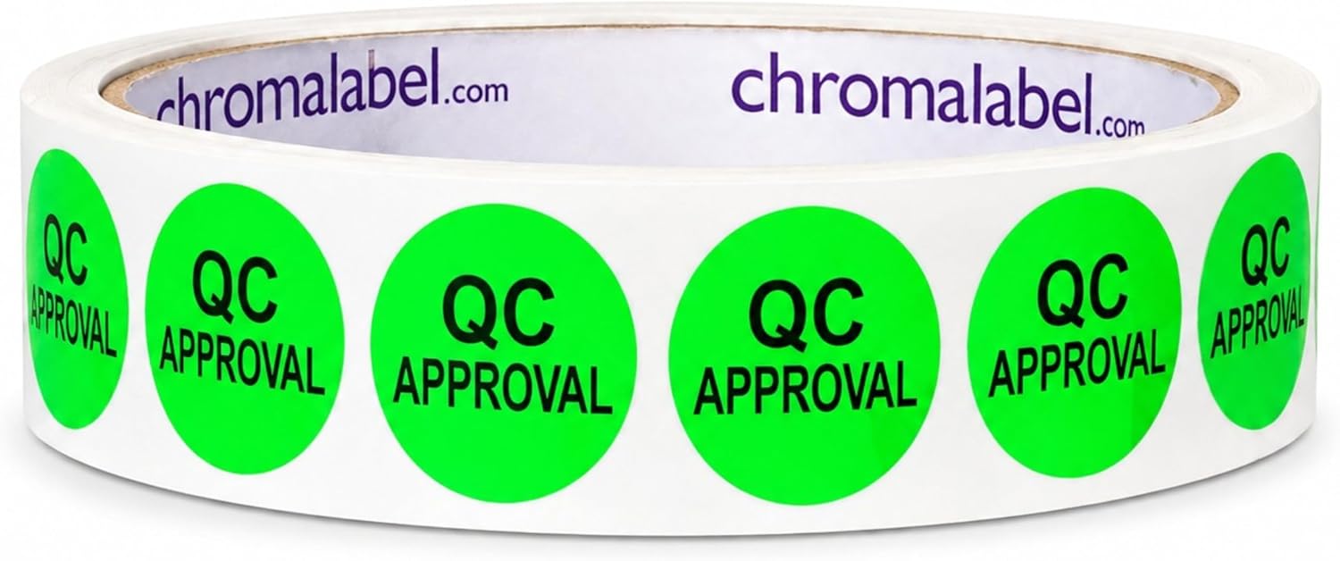 Small 1/2 Inch Round QC Approval Stickers, Fluorescent Green, 500/Roll