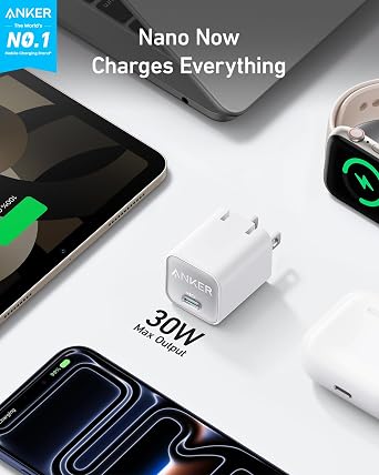 Anker Nano Phone Charger, USB C GaN Charger 30W, PIQ 3.0 Foldable PPS Fast Charger USB C for iPhone 17 / 16 and more series, Galaxy, iPad, Compatible with MagSafe