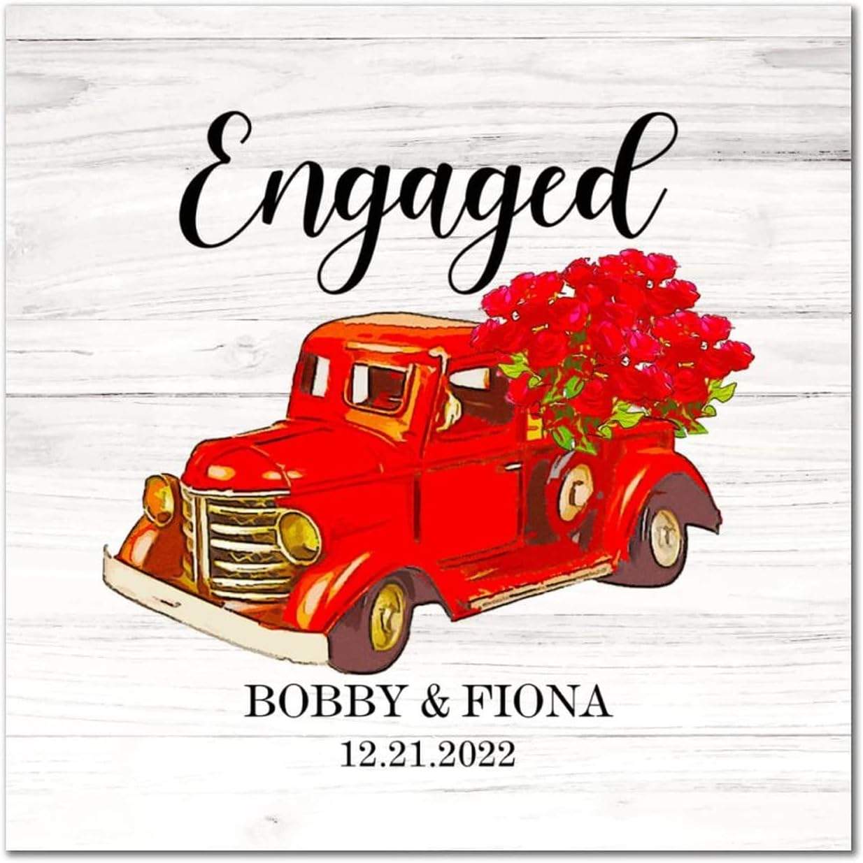 Christmas Engaged Personalized Name Wood Sign Farmhouse Red Truck Rose Flower Wooden Wall Art Signs Hello Winter Wall Decor Hanging Plaque Sign For Home Living Room Office Entryway 16x16in