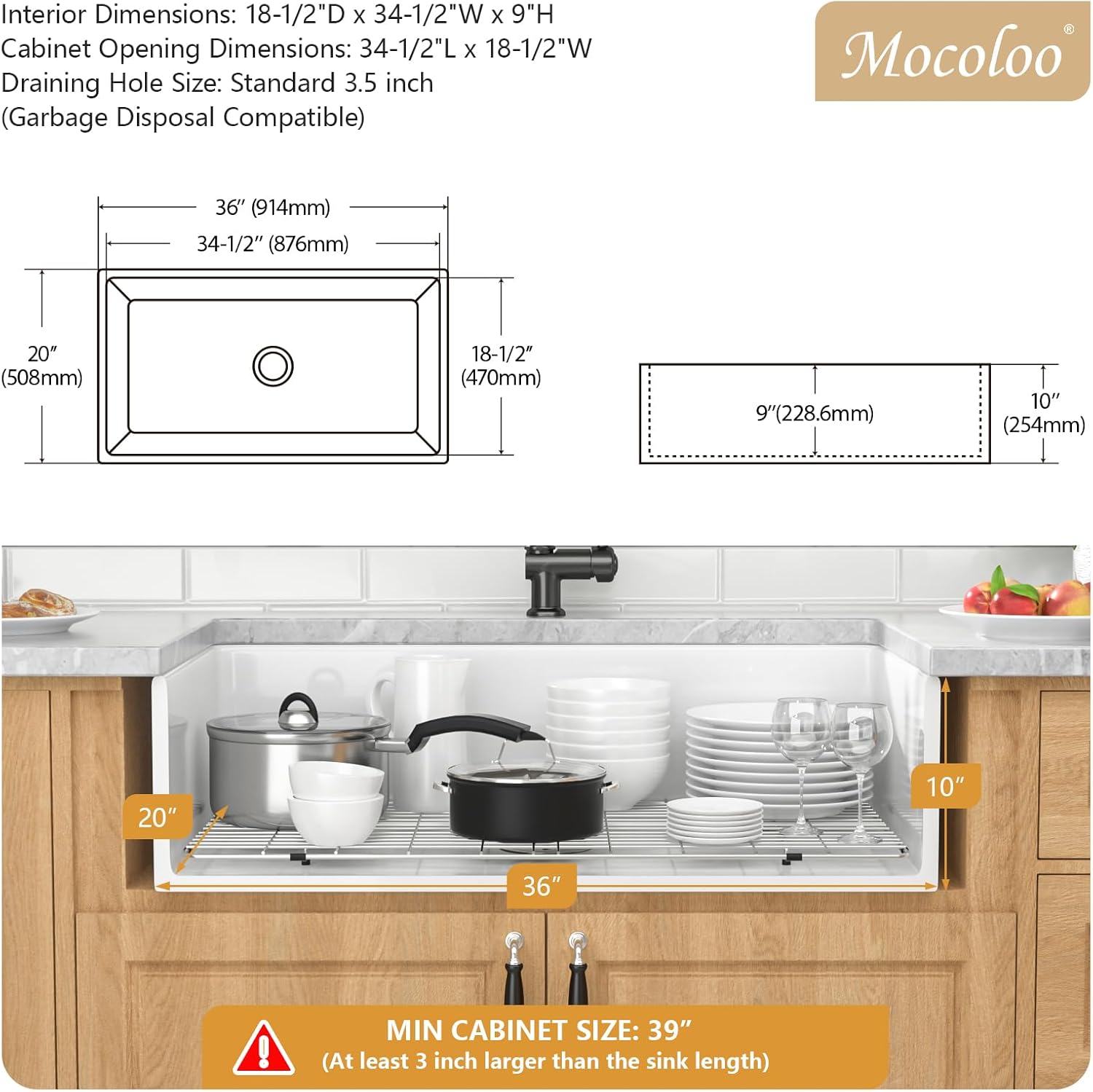 Mocoloo 36 Inch White Farmhouse Kitchen Sink, 36“x20” Fireclay Porcelain Apron Front Single Bowl Kitchen Sink, 10" Deep Ceramic Farm Sink