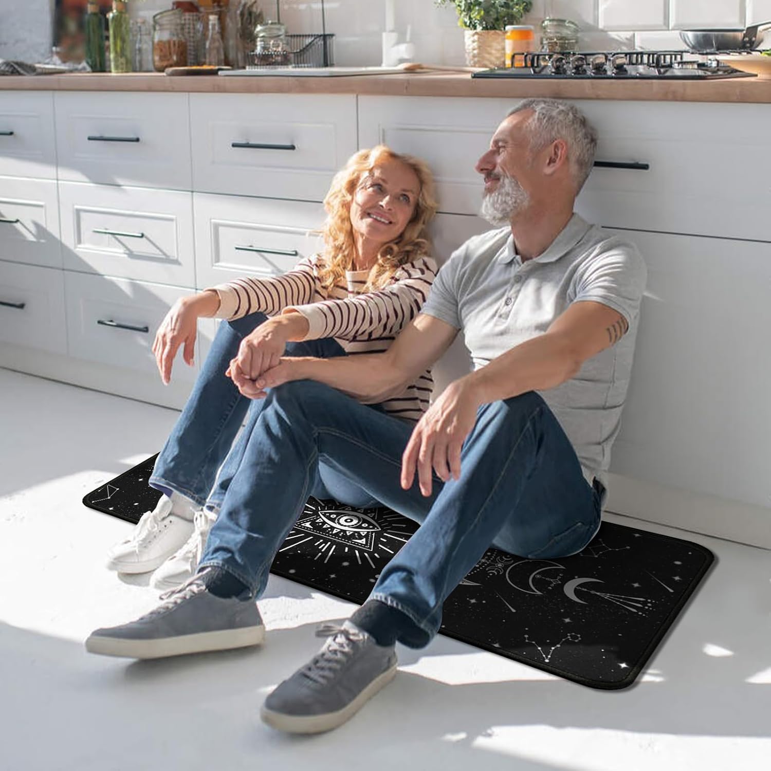 Moon Phase Kitchen Rugs Set 2 Pieces Black Goth Non Skid Kitchen Floor Rug and Mat Kitchen Runner Rug Standing Area Mat 17"x47"+17"x30"