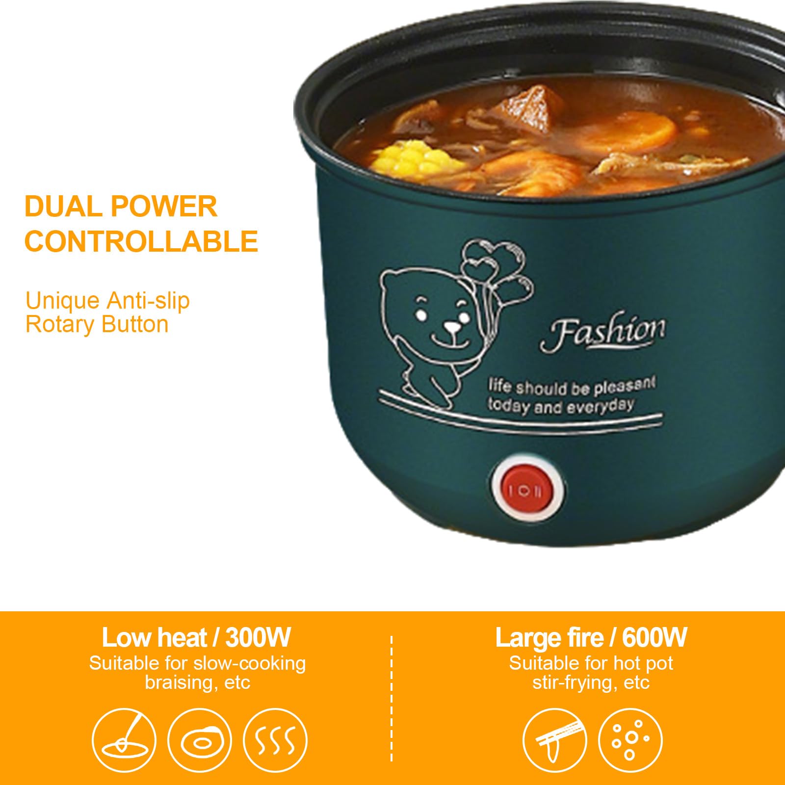Mini Hot Pot Ramen Cooker, Pentola elettrica da viaggio, Padella elettrica portatile multiuso, Per dormitorio dell'home Office, Lnclude vaporiera in acciaio inox(300W/600W, Verde, 1.8L)