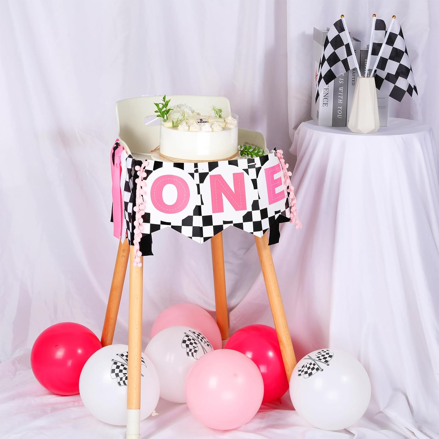 Fast One Birthday High Chair Banner - Pink Black Race Car 1st Birthday Party Decorations, Girl, One Year Old Baby Photo Props Souvenir Gifts, Racing Car Party Supplies