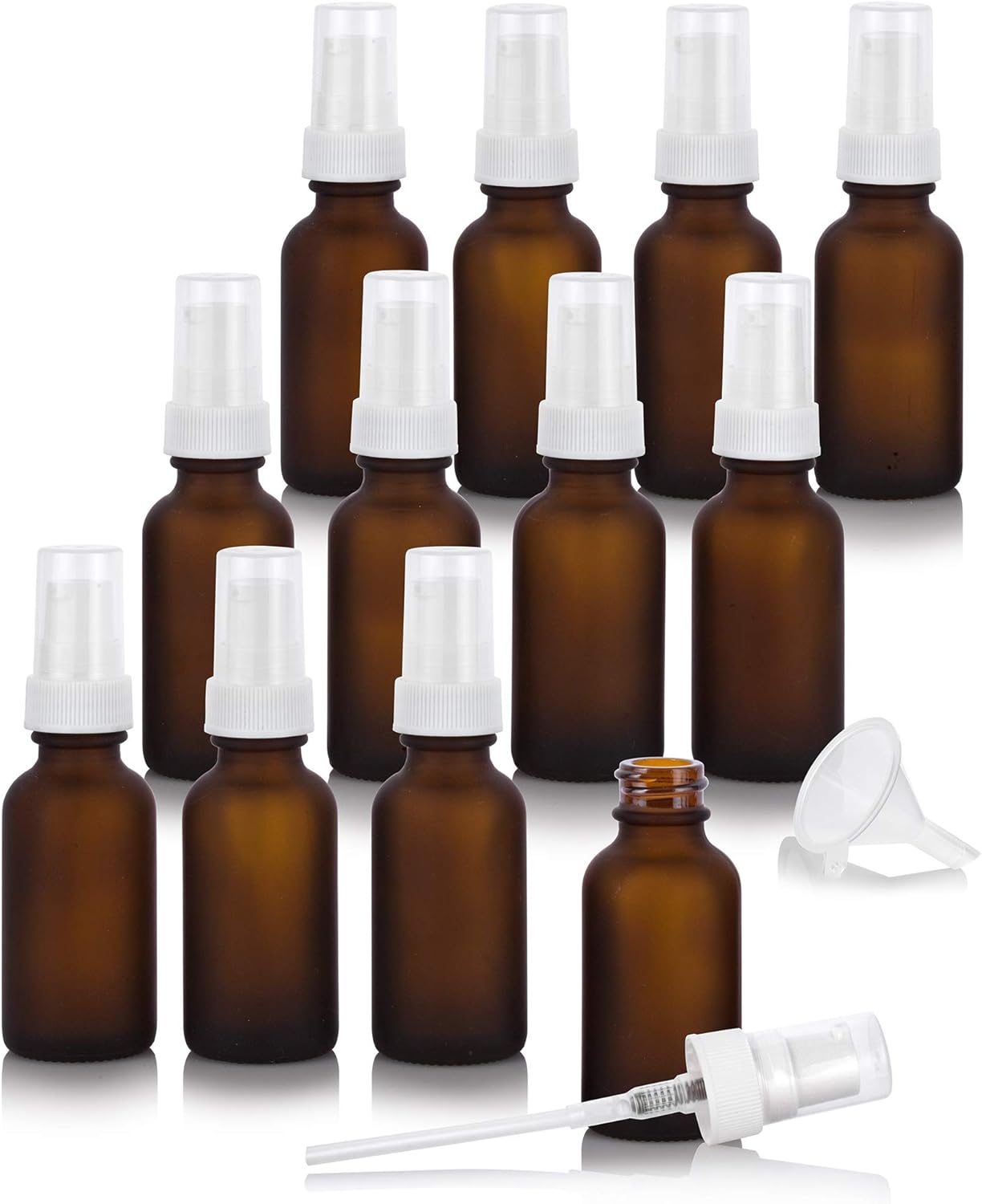 JUVITUS 1 oz / 30 ml Frosted Amber Glass Boston Round Bottle with White Treatment Pump + Funnel (6 Pack)