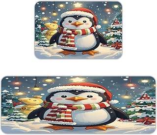 Christmas Funny Penguin Kitchen Mats for Floor 2PCS Waterproof Non-Slip Kitchen Rugs Cushioned Anti-Fatigue Mat Heavy Duty Floor Mats Comfort Standing Mat for Kitchen Home Office Laundry