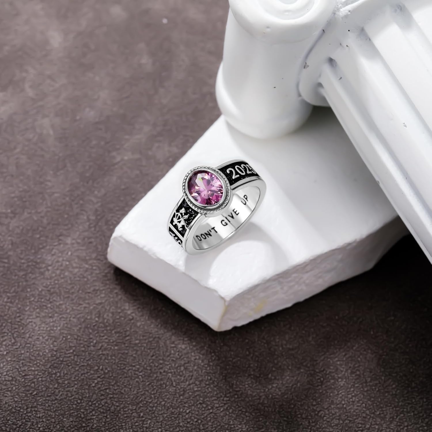 High School College Class Ring for WoMen & Men Peralized Birthstone Ring with Name and Pattern in 10K/14K/18K Gold/Sterling Silver, Size 4-15 Exquisite Graduation Gift(With Gift Box)