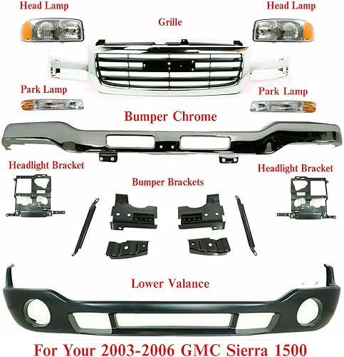 Miniatura 2 de Parachoques delantero de acero cromado con soportes + rejilla inferior de cenefa sin emblema, luces de estacionamiento izquierda del conductor y