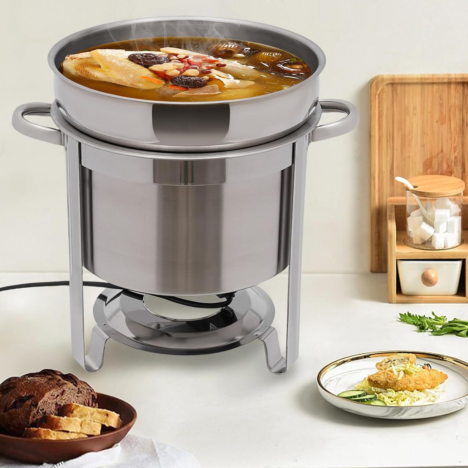 11.62QT Stainless Steel Soup Chafer, Stainless Steel Round Soup Warmer with Electric Heating Plate, Contemporary Marmite Water Pan for Party, Buffet, Event & Commercial Food Service