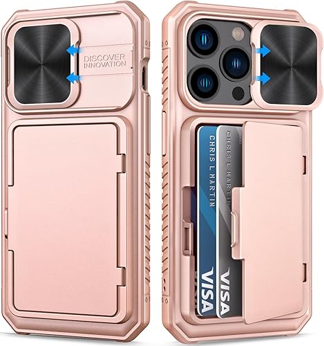 Miniatura 1 de Funda tipo cartera para iPhone 15 Pro con tarjetero (4-5 tarjetas) y cubierta deslizante para lente y soporte, protección contra caídas de grado