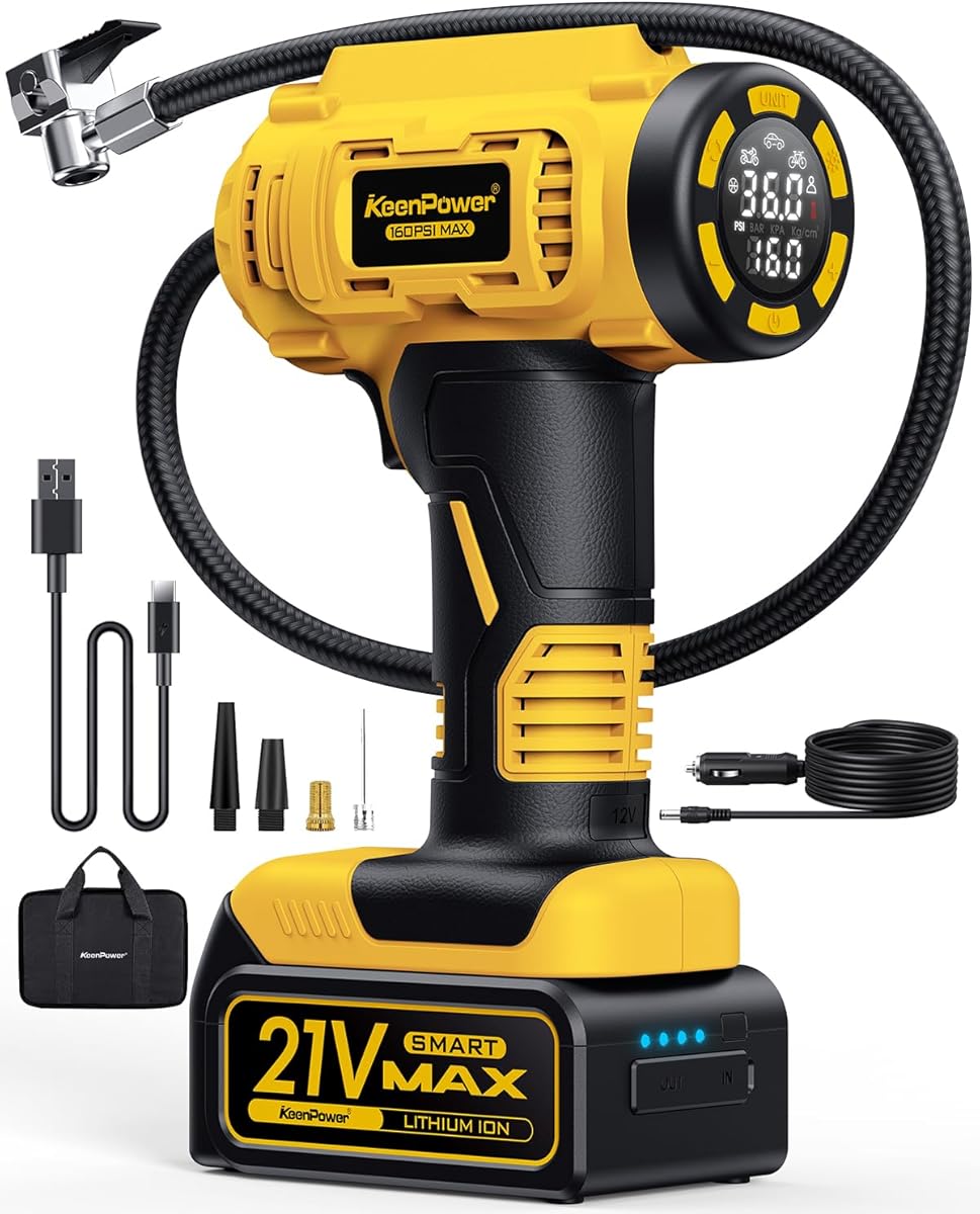 KeenPower Cordless Tire Inflator Portable Air Compressor, 160PSI Car Tire Air Pump, 21V Rechargeable Battery Powered Air Compressor, Dual Power, Larger HD Digital Gauge w/4+N Smart Modes (Yellow)