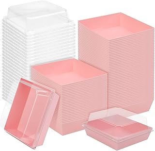 Cmkura 50 Pack 5" Square Pink Paper Food Containers Bakery Boxes with Secure Lids Cookie Containers Cake Boxes Disposable Charcuterie Boxes for All Kinds of Snacks