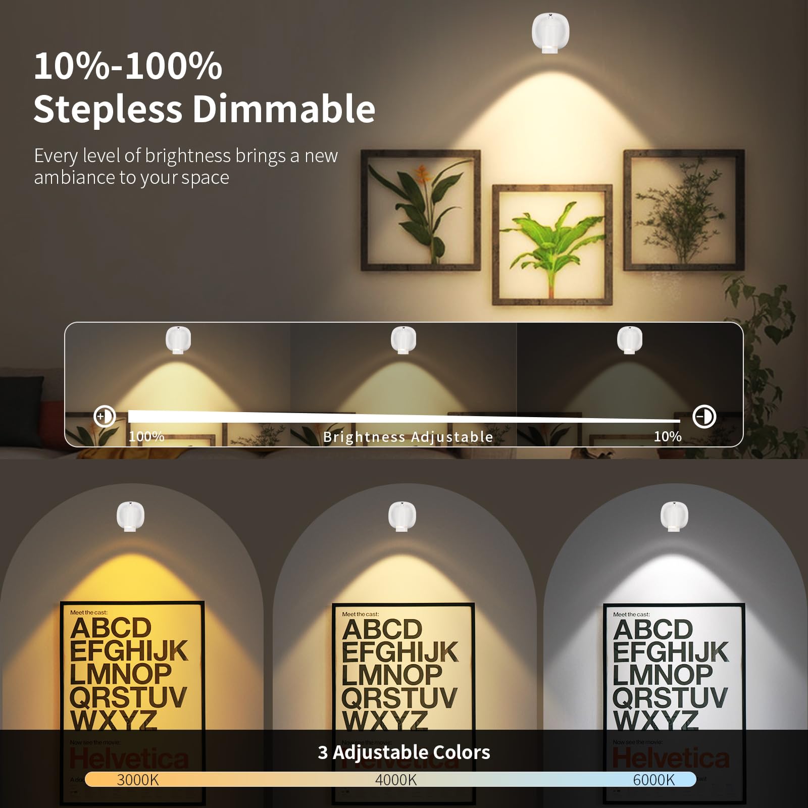 LEASTYLE Wireless Rechargeable Spotlights Indoor for Plants,4000mAh Battery Operated Spotlight with Remote Timer,3000K-6000K Adjustable Dimmable LED Indoor Lighting for Paintings Accent Decor (White)