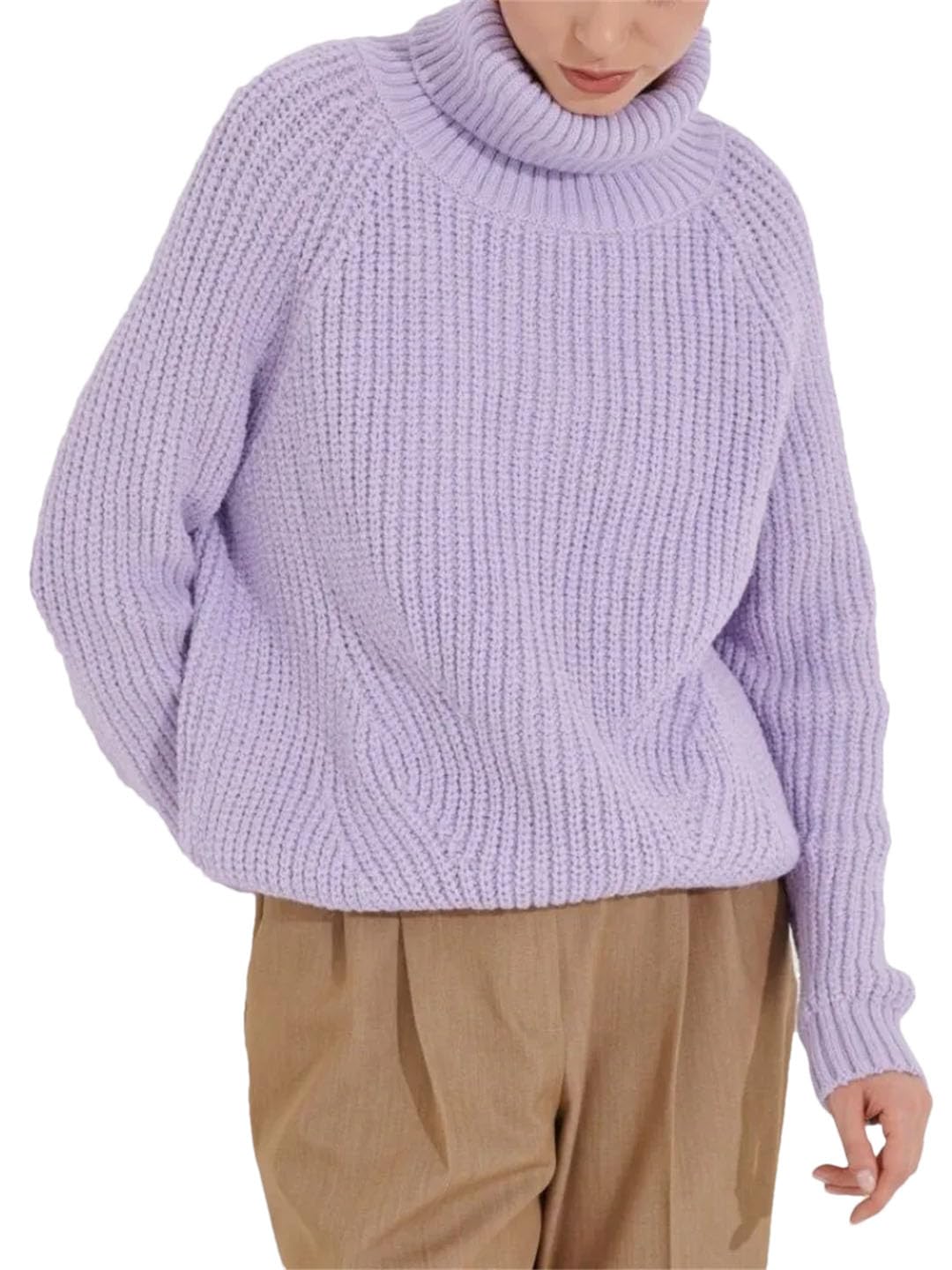 Maglione da donna a collo alto lavorato a maglia, maglione oversize a maniche lunghe