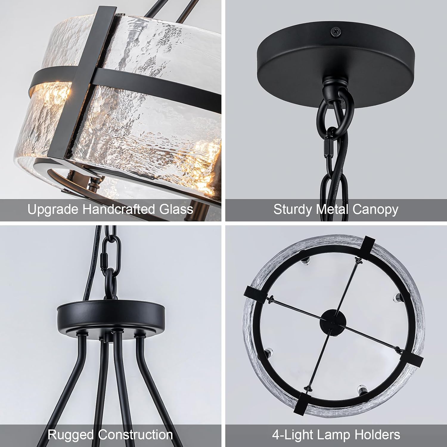 21" Black Glass Chandelier, 4-Light Modern Dining Room Chandelier Over Table, Farmhouse Entryway Drum Chandelier for Foyer Living Room Kitchen