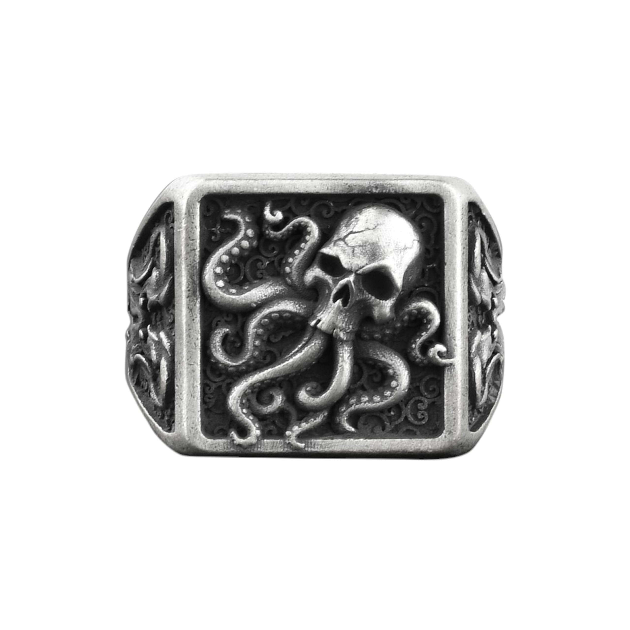 BySilverStone Jewelry Silberring Für Herren – Oktopus-Schädel Mit Seetang-Ring, Kraken-Herren-Siegelring Aus Oxidiertem Sterlingsilber, Gothic-Tierring Für Herren, Tentakel-Punk