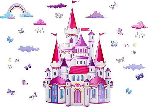 Pinenjoy Calcomanía de pared de castillo de dibujos animados, nubes de arco iris, mariposa, calcomanías de pared de 39 x 30 pulgadas, vinilo