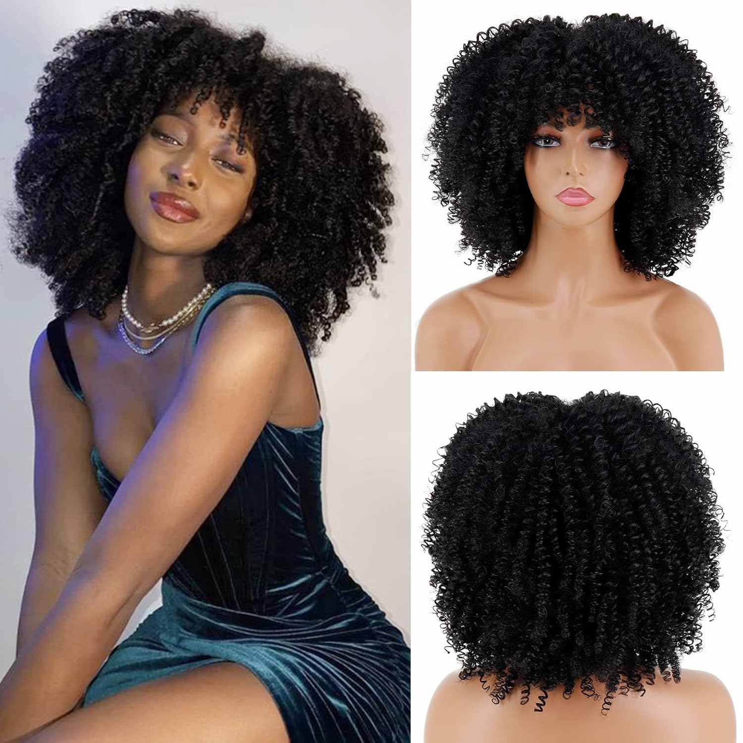 Black kinky Curly Wigs for Black Women, Short Black Curly Afro Wig with Bangs, Synthetic Heat Resistant Full Afro Curly Black Wigs for Daily Party Black kinky Curly Wigs for Black Women, Short Black Curly Afro Wig with Bangs, Synthetic Heat Resistant Full Afro Curly Black Wigs for Daily Party