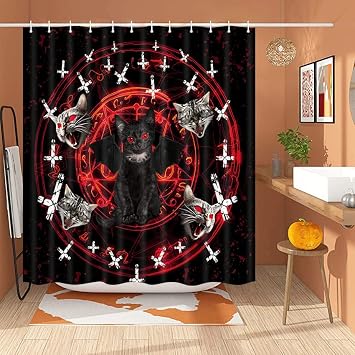 JAWO Funny Cat Shower Curtain, Black Cat Pentagram Death Black Metal, Waterproof Polyester Fabric with 12 Hooks, 69X70IN, Black Red