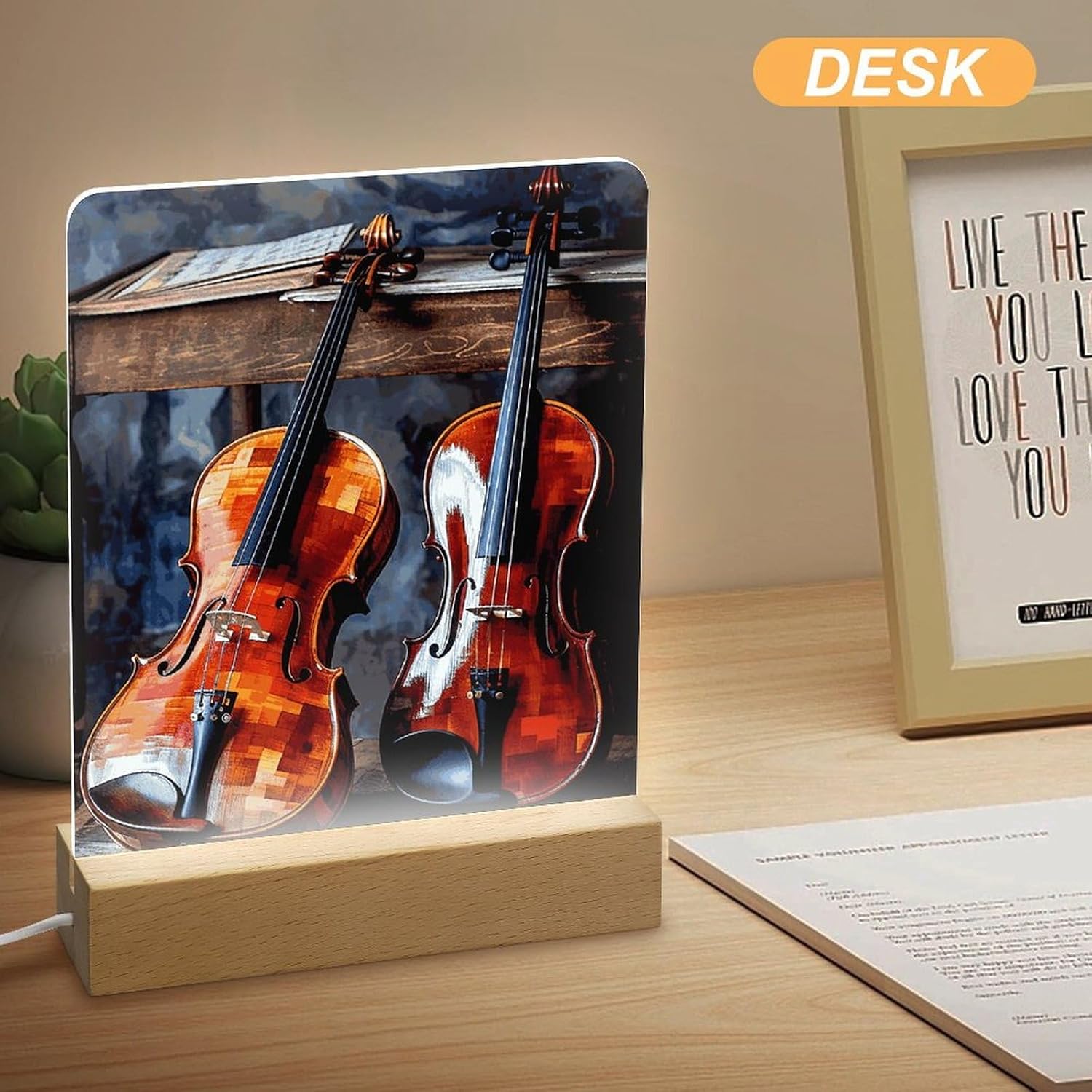 Violin and Cello Personalized Night Light Acrylic Bedside Decor Lamps Wooden LED Lights Display Pedestal Ideal Thanksgiving Christmas Day Birthday Gifts image 5