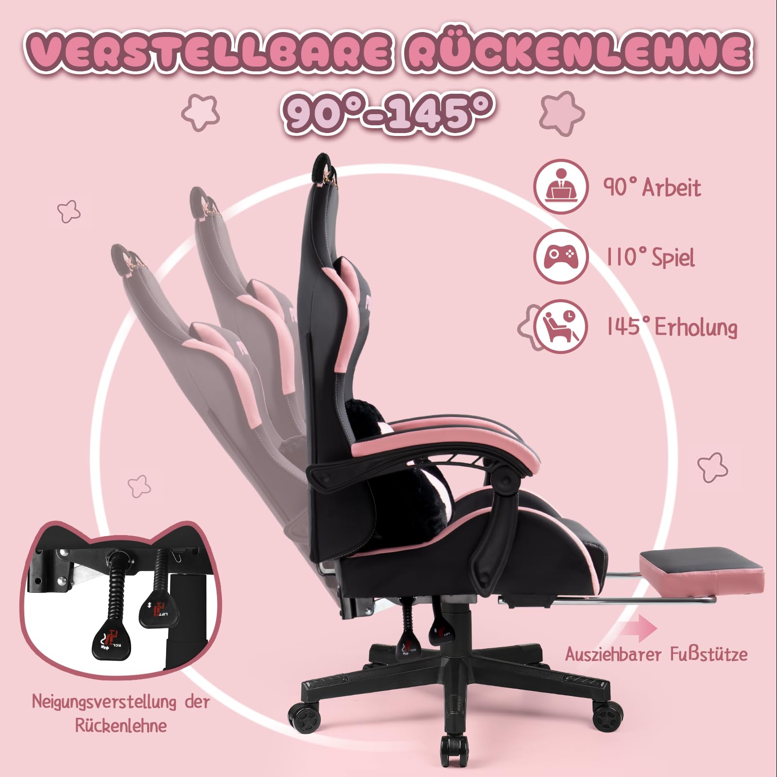 Waleaf Gaming Stuhl mit Fußstütze, Ergonomischer PC-Stuhl, Gamer Sessel aus Leder mit Lendenkissen Kopfstütze, Verstellbarer und Drehbarer Schreibtischstuhl für Erwachsene, Teenager, 140KG, Schwarz