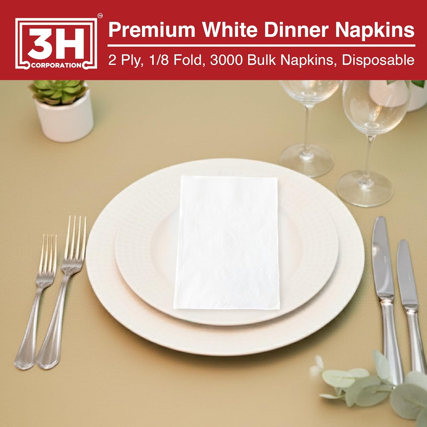 1/8 Fold White Dinner Napkins Disposable, 2-Ply 3000 Paper Napkins Bulk (20 Pack, 150/Pack), 7.1" x 4.1" Folded, Premium Servilletas for Restaurant, Catering & Everyday Lunch Refill