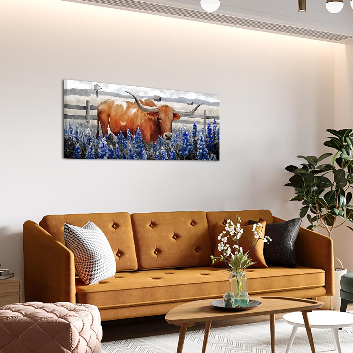 Conipit Longhorn Cattle Wall Art Bluebonnet Pictures Western Canvas Art, Framed 20x48 Inches