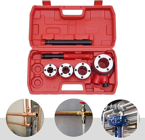 Miniatura 2 de CheriMuMu Kit de enhebrador de tubería de trinquete, roscado manual de tubería de corte de hilo de acero, fontanero BSPT de 12''-1-14'' con estuche