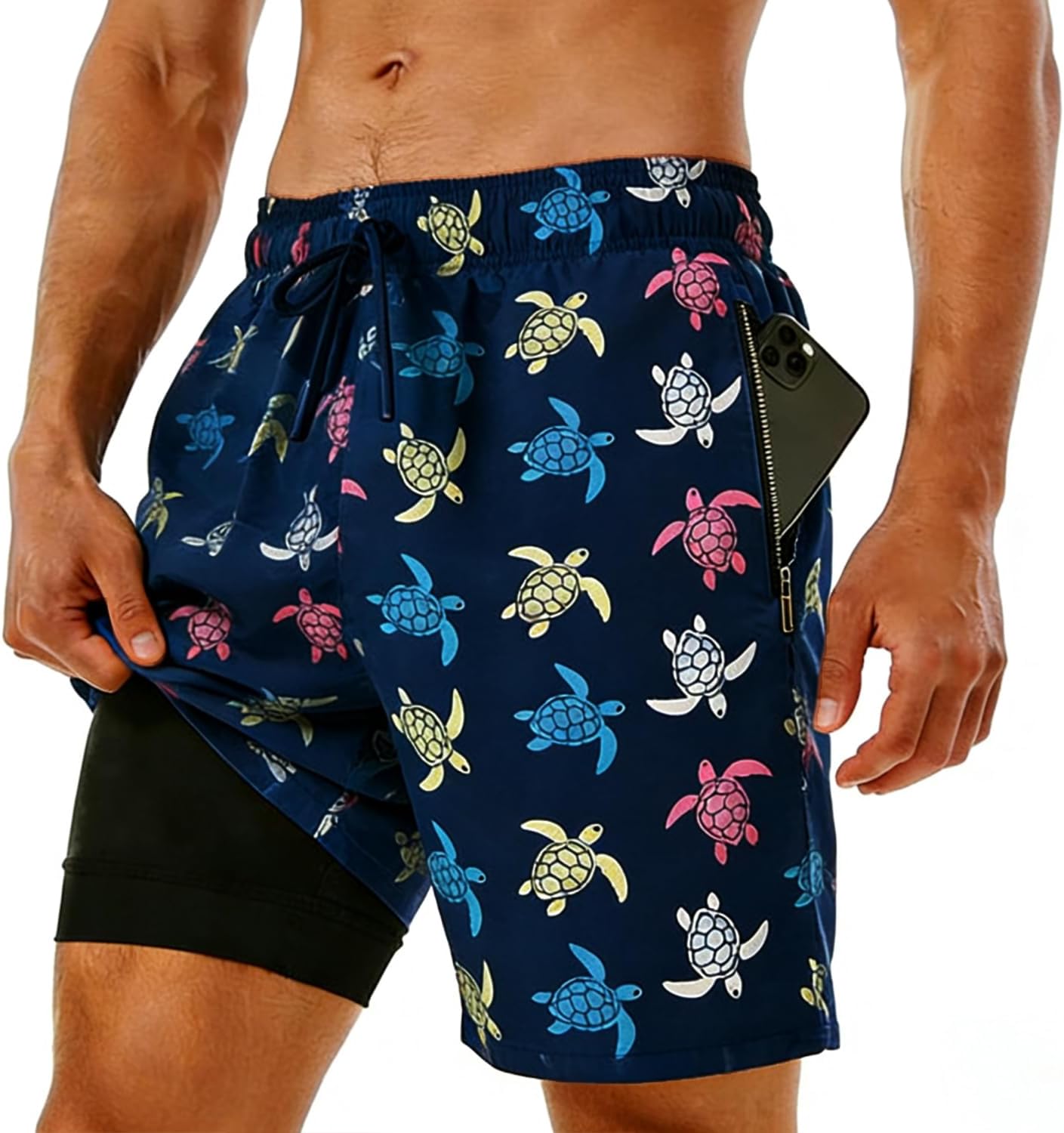 Men's Swim Trunks with Compression Liner, Quick Dry Hawaiian Swimwear Bathing Suit Drawstring Board Shorts