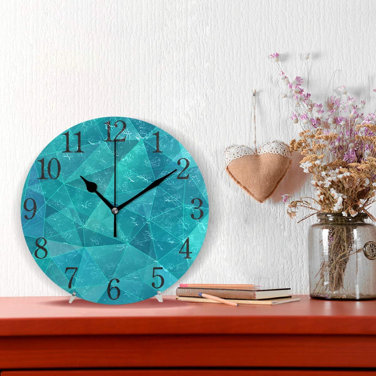 Bolaz Silent Non Ticking Round Wall Clock, Geometric Teal Blue Triangle Home Decor Battery Operated for Living Room, Kitchen, Bedroom