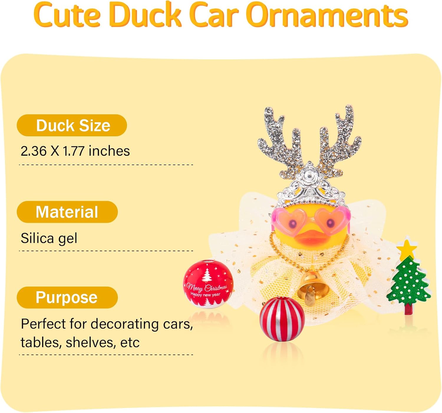 wonuu Christmas Rubber Duck Car Decorations Christmas Accessories Antler Santa Hat Skirt and Wind Bell, Silver-Star Dress