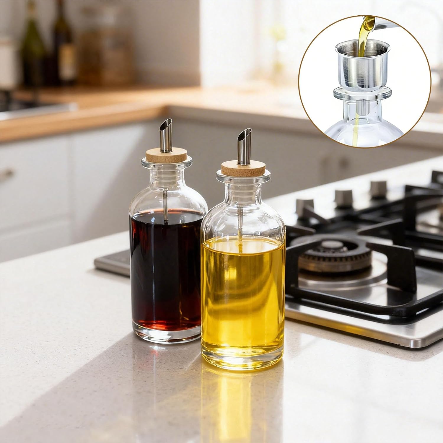 Olive Oil Dispenser Set of 2, Glass Oil and Vinegar Bottles with Wooden Tray, Kitchen Storage for Cooking, Sesame Oil and Soy Sauce Dispenser, Kitchen Organizer Bottles for Home Cooking