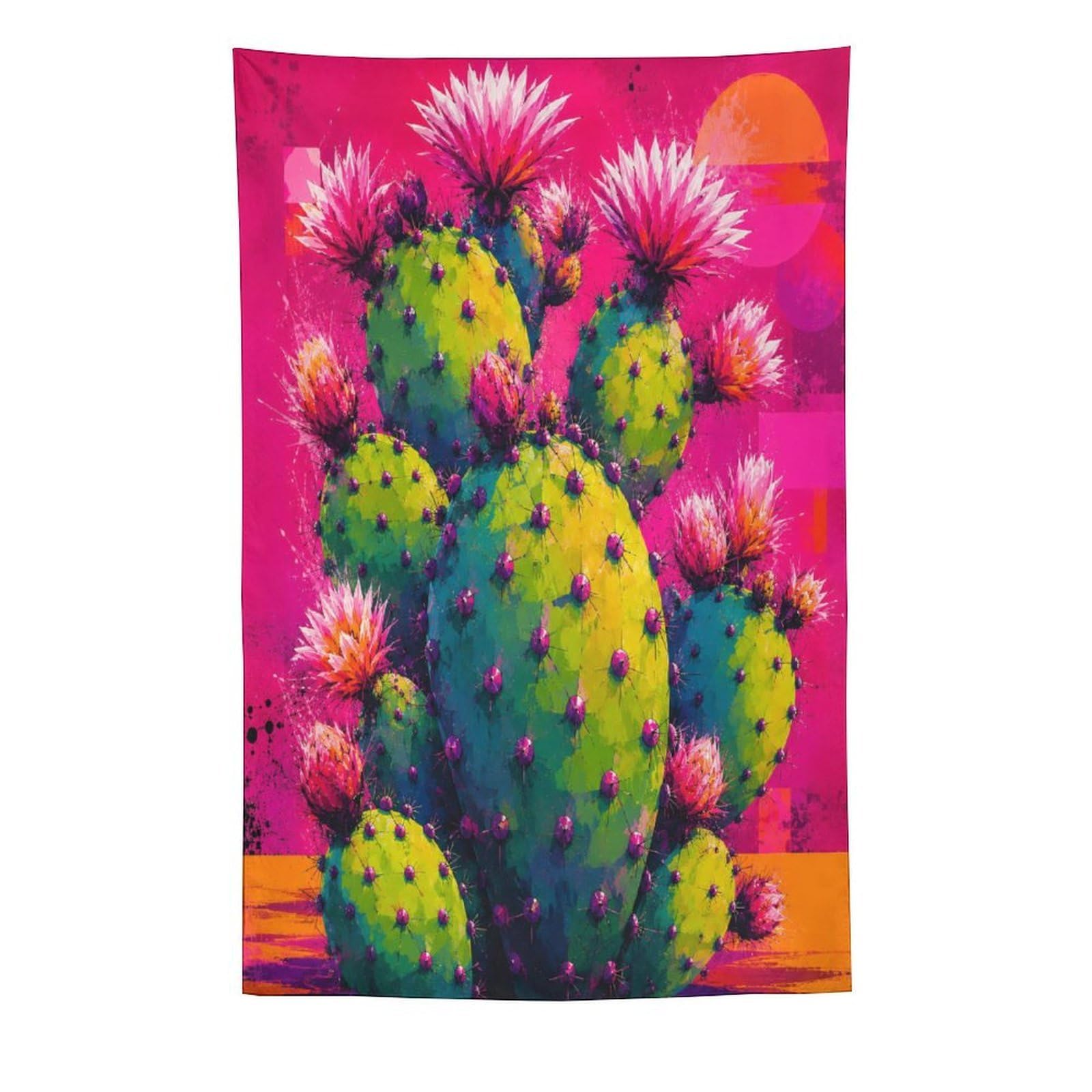 H3B8U2Y5 Pink Cactus Pop Art Wall Tapestry, Color Block Line Art Style