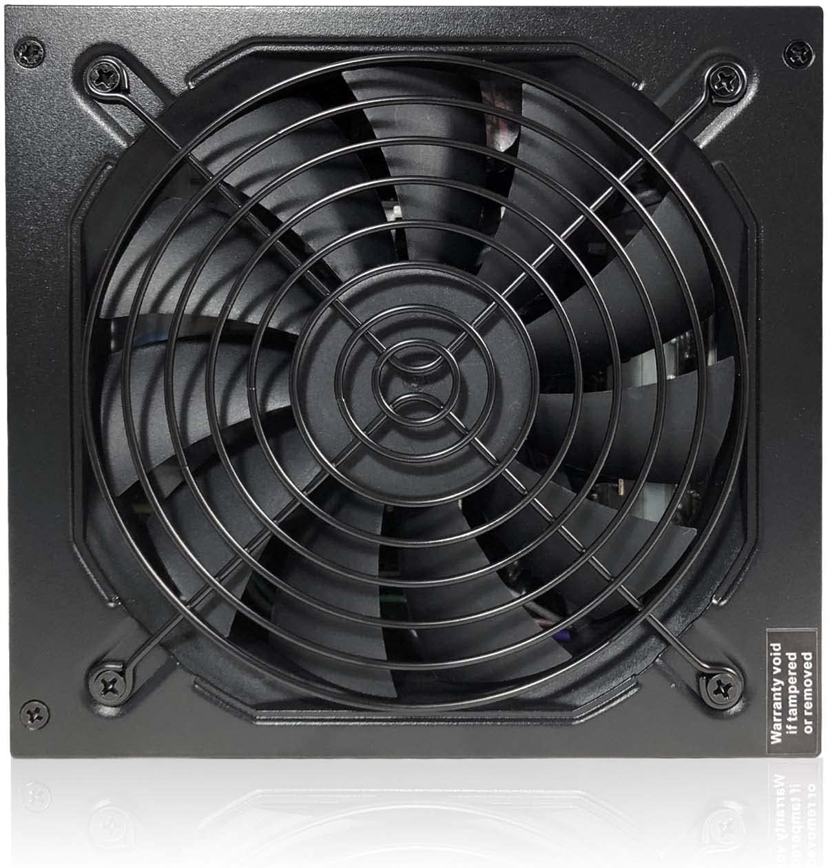 Top-down view of the PowerSpec 650W Power Supply's fan grille, showing the fan blades beneath.