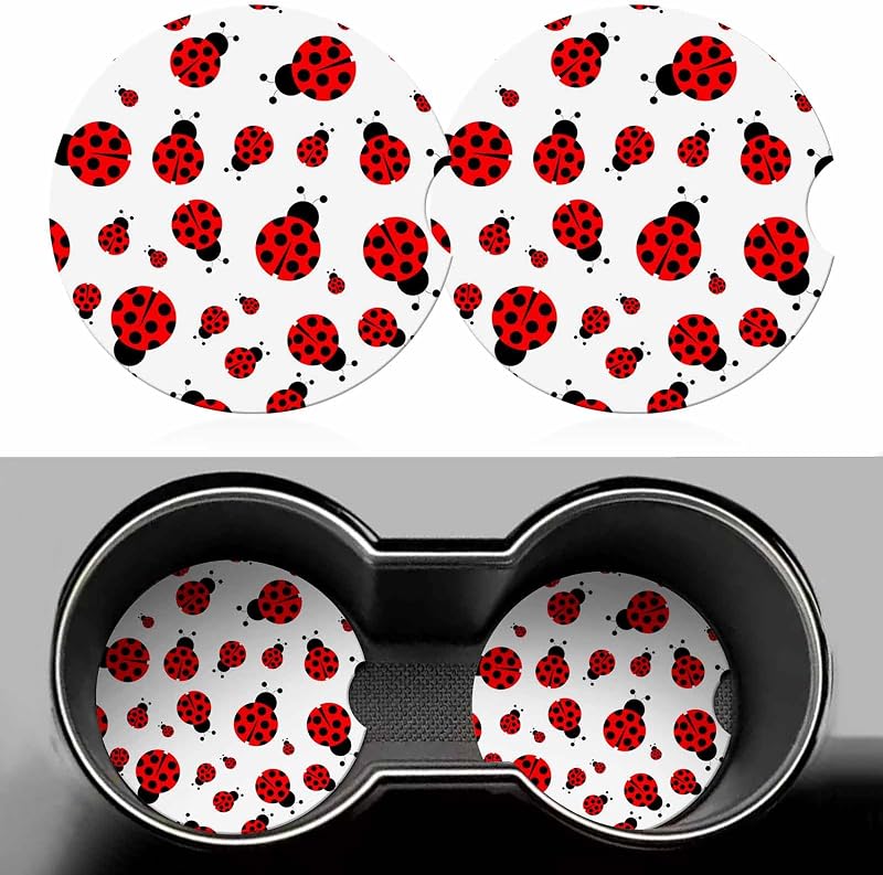 Porta-copos automotivo de cerâmica absorvente Red Ladybug Jnomin com base de cortiça e encaixe para os dedos, 2 unidades