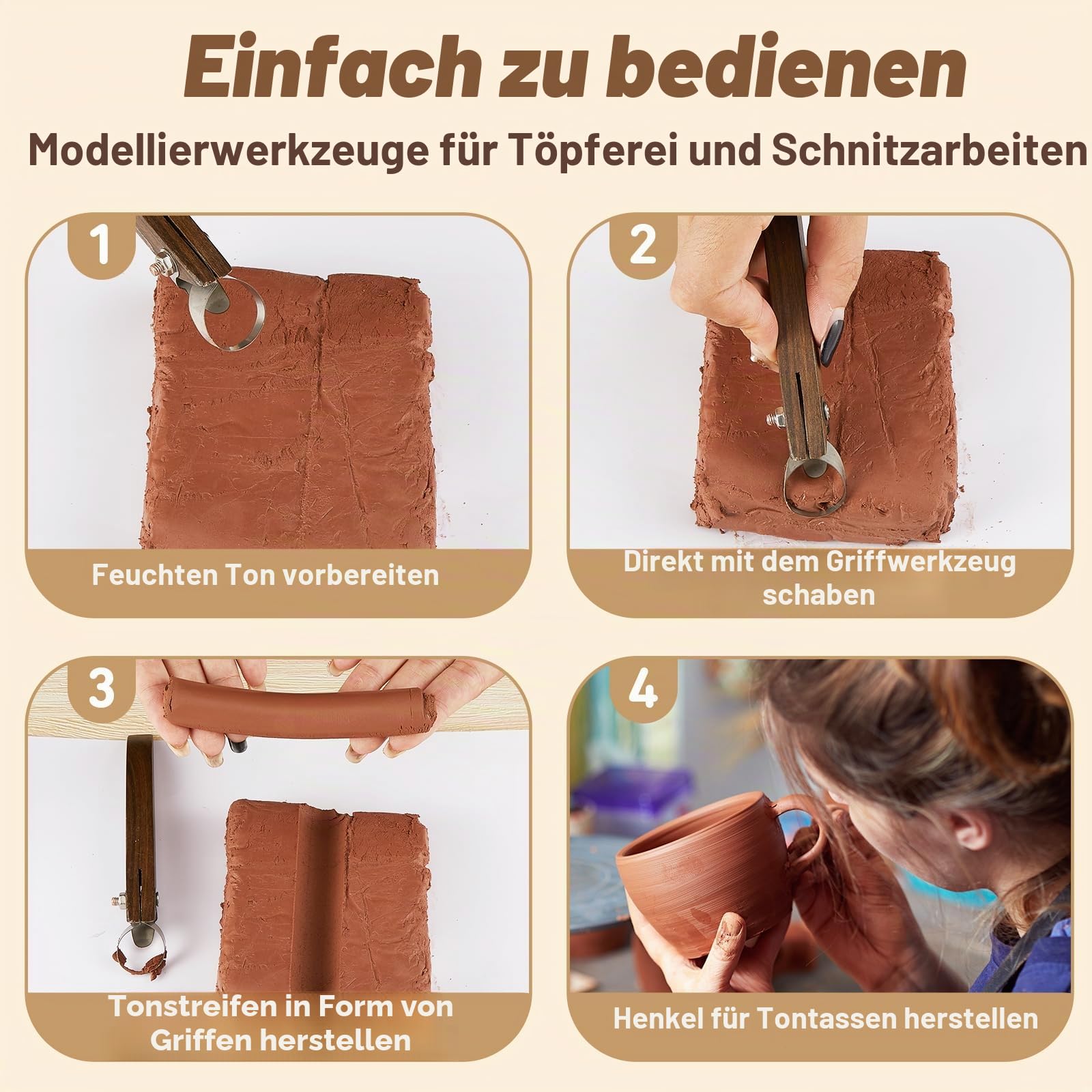 Therwen 5 Stück Skulpturenschaber Ton-Extruder-Werkzeug, Töpferei, Schnitzerei, Tassengriff, Formwerkzeug, Teetasse, Tasse, Handgriff, Tonschneider mit Holzgriff für Tassenherstellung,
