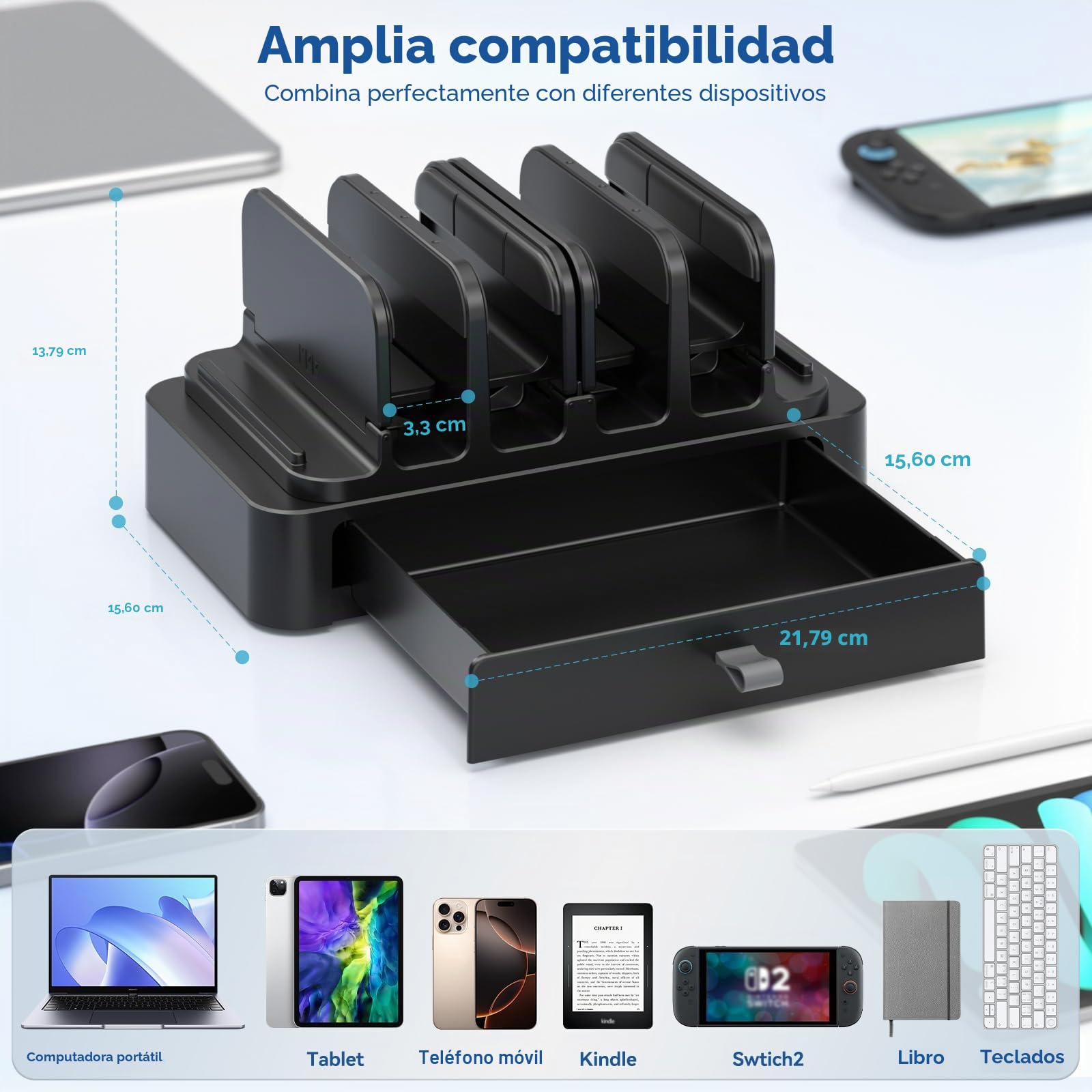 KDD Soporte Portatil Vertical con Cajón - Soporte Portatil Mesa Que Ahorra Espacio - Laptop Stand con Bloqueo por Gravedad para MacBook/DELL/HP/Chromebook/Surface Pro/Tabletas/Movil/Switch/Teclados